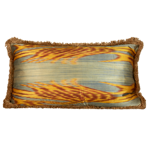 Rectangular hand-woven silk Ikat cushion - throw pillow with brush fringe
