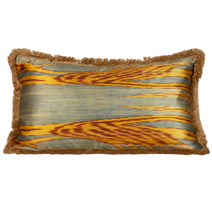 Rectangular hand-woven silk Ikat cushion - throw pillow with brush fringe