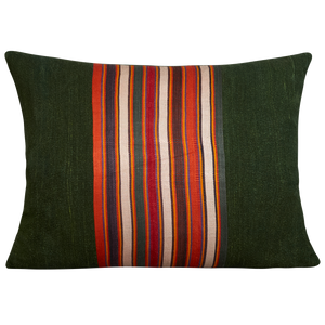 Silk Jajim Cushion/ pillow - Forest green with orange/ecru and red stripe