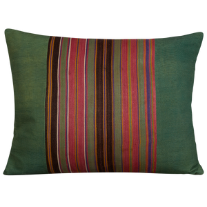 Silk Jajim Cushion/ pillow - Leaf green with fuchsia and eggplant stripe