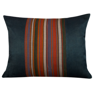 Silk Jajim Cushion/ pillow - Deep indigo with multicolour and orange stripe