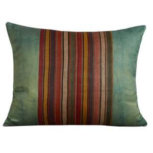 Silk Jajim cushion - Terracotta/pink/yellow stripe on leaf green silk