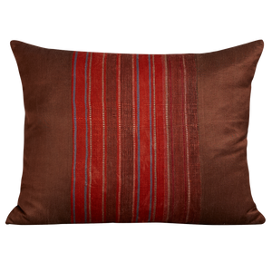 Silk Jajim cushion - Red/aubergine stripe on chocolate brown silk