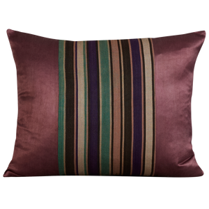 Silk Jajim cushion - Green/ecru and grey stripe on aubergine silk