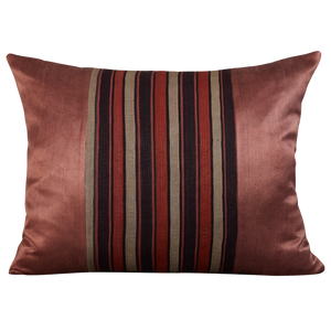 Silk Jajim cushion - Terracotta/ecru and grey stripe on aubergine silk