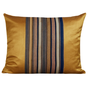 Silk Jajim cushion - Yellow/grey and navy blue stripe on yellow silk