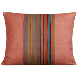 Silk Jajim cushion - Pink/green and orange stripe on pink silk