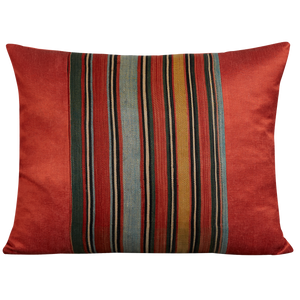 Silk Jajim cushion - Red/yellow and pale blue stripe on deep red silk