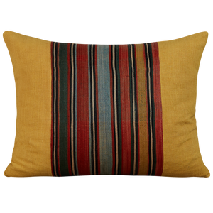 Silk Jajim cushion - Terracotta/green and pale blue stripe on yellow silk