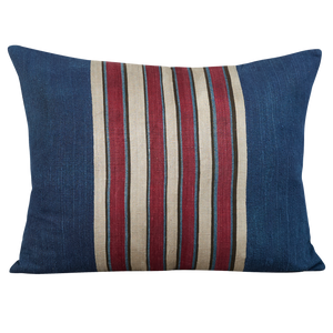 Silk Jajim cushion - Burgundy/ecru stripe on navy blue silk