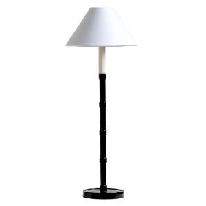 Floor lamp with white shade and black base on a white background
