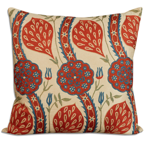 Red floral and seed pod embroidered, square silk suzani cushion - pillow