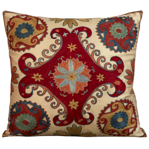 Square silk suzani embroidered cushion with central medallion