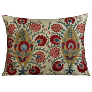 Rectangular silk suzani embroidered cushion with double leaf and floral design