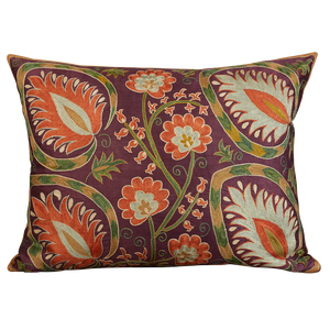 Rectangular silk suzani cushion with floral design on an aubergine silk background