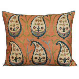 Rectangular silk suzani paisley design cushion on peach/pink silk background