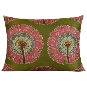 Rectangular silk suzani cushion with unusual palm tree design on green background
