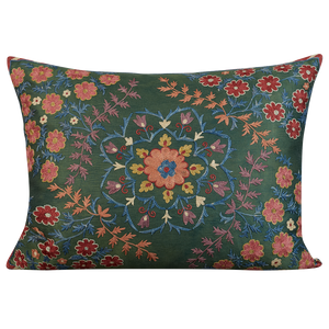 Rectangular silk suzani cushion with small petal floral design