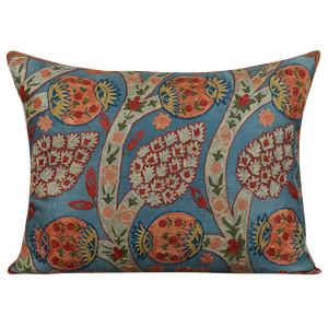 Rectangular silk suzani cushion with vine and pomegranate design on blue ground