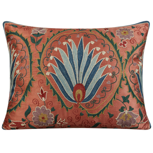 Rectangular silk suzani cushion with stylised pomegranate rosette design