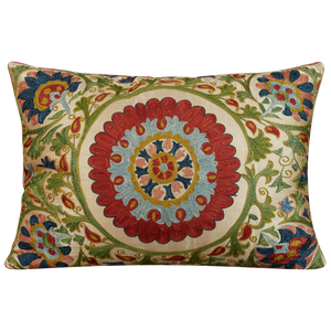 Rectangular silk suzani cushion with green scrolling vine and central medallion