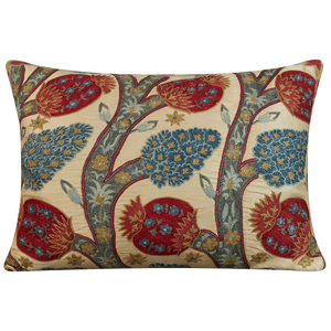 Rectangular silk suzani cushion with pomegranate design on cream ground