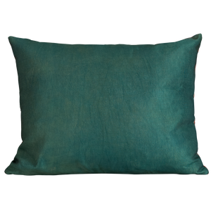 Rectangular silk suzani cushion with symmetrical floral design on pink ground with border
