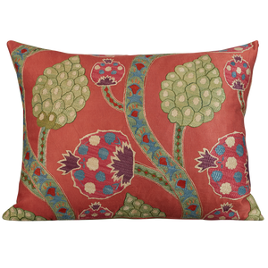 Large rectangular stylised carnation and cypress Caucasian embroidered cushion on pale madder background