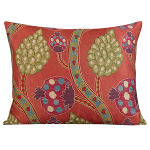 Large rectangular stylised carnation and cypress Caucasian embroidered cushion on pale madder background and green silk back