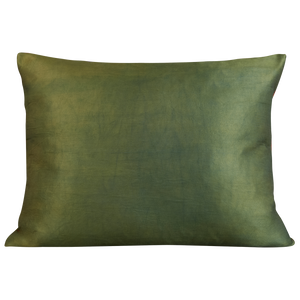 Large rectangular stylised carnation and cypress Caucasian embroidered cushion on pale madder background and green silk back