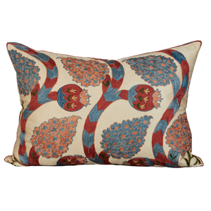 Rectangular silk suzani cushion with scrolling vine and pomegranate design