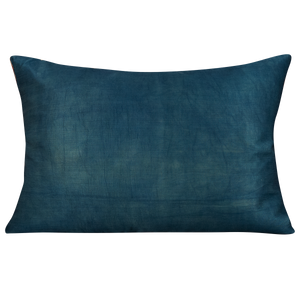 Rectangular silk suzani cushion with scrolling vine and pomegranate design and blue silk back