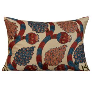 Rectangular silk suzani cushion with scrolling vine and pomegranate design and blue silk back