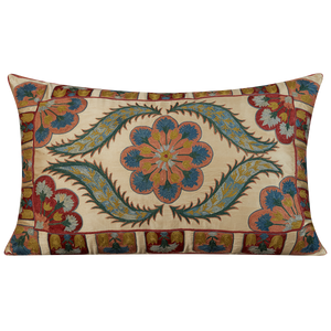 Large rectangular silk suzani cushion with scallop border and central floral design