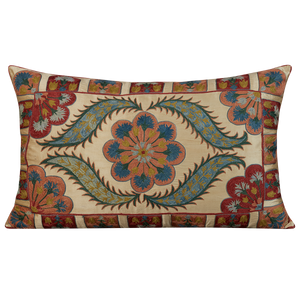 Large rectangular silk suzani cushion with scallop border and central floral design with pink silk back