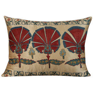 Rectangular silk suzani cushion with triple carnation design