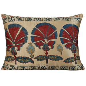 Rectangular silk suzani cushion with triple carnation design with blue silk back