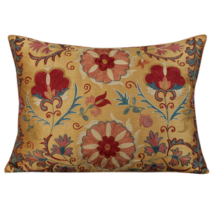 Rectangular floral design silk suzani cushion design on yellow gold ground