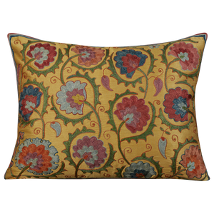 Rectangular floral carnation design silk suzani cushion design on yellow gold ground