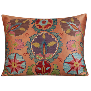 Rectangular stylised floral and palmette design suzani on pink ground