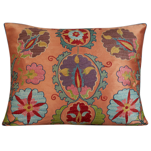 Rectangular stylised floral and palmette design suzani on pink ground and purple back