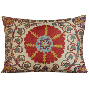Rectangular bold medallion design suzani on cream ground with scrolling vine