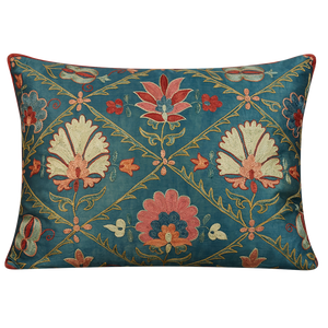 Rectangular trellis and floral design suzani on blue ground