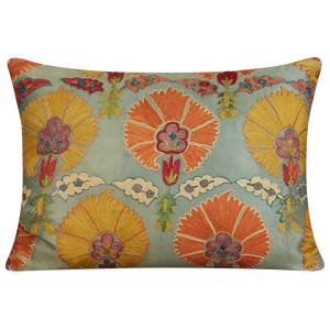 Rectangular bold yellow and orange carnation design suzani on pale blue ground