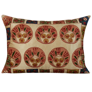 Rectangular silk suzani cushion with pink geometric design and pink back