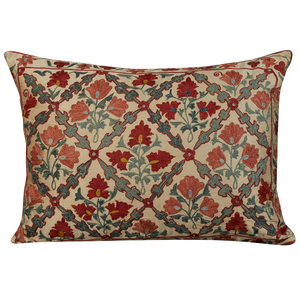 Rectangular silk suzani cushion with lattice geometric design