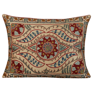 Rectangular silk suzani cushion with symmetrical design