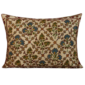 Rectangular silk suzani cushion with symmetrical lattice design
