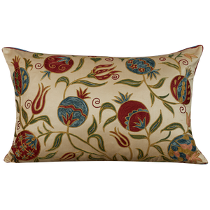 Rectangular silk suzani cushion with all over floral pomegranate design