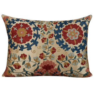 Rectangular silk suzani cushion with bold floral design